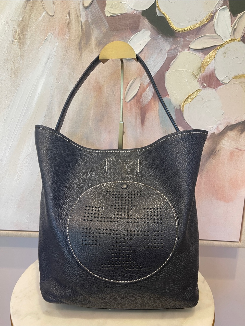Leather Navy Shoulder Bag with Perforated Medallion